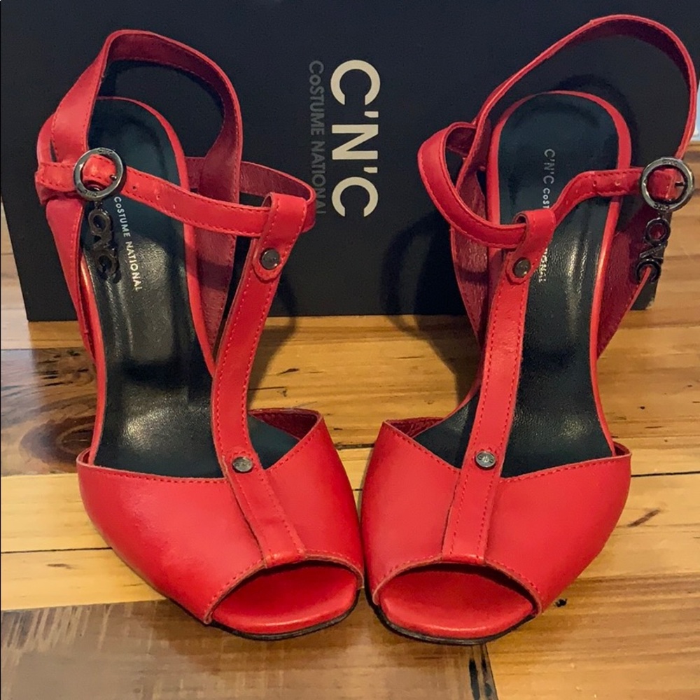 Red leather wedge sandals
